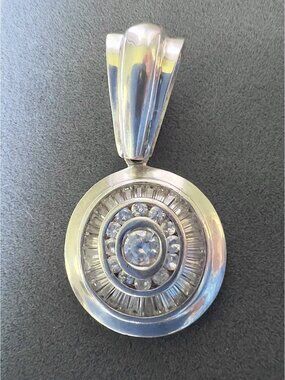 Vintage 925 Sterling Silver Art Deco Baguette & Round CZ Crystal Pendant